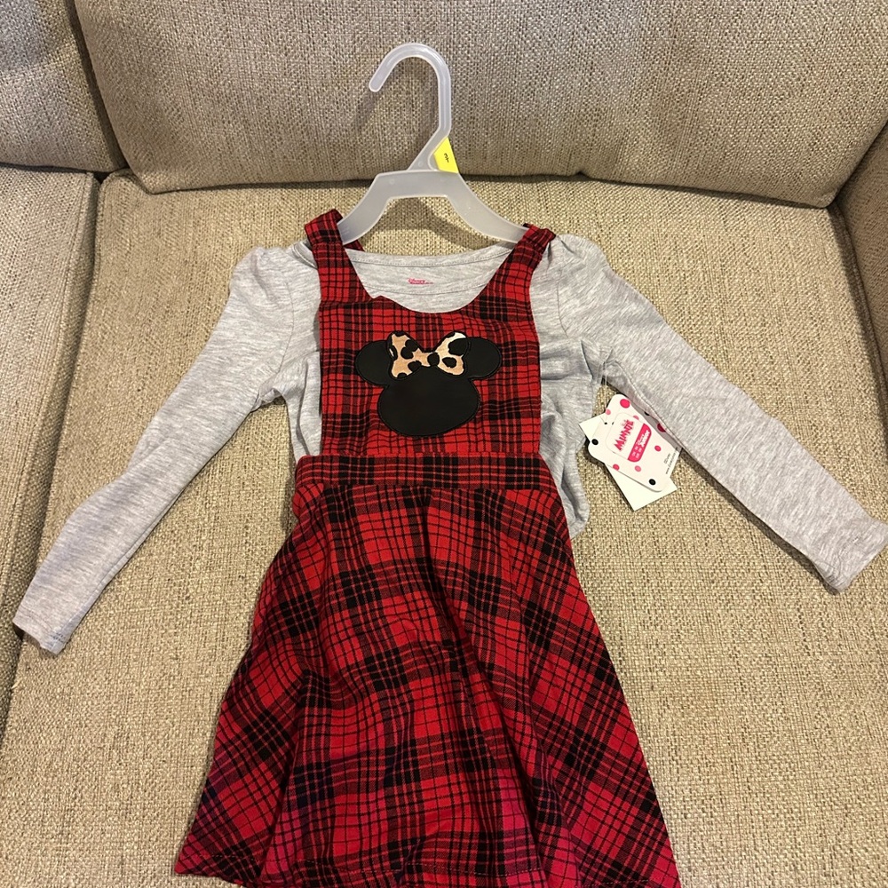 Red Plaid Minnie Mouse Dress with Gray Sleeves